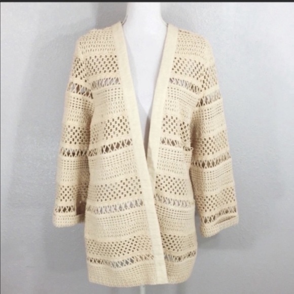 Chico’s Wheat & Cream Macrame Crochet Open Front Soft Spring Cardigan Size Large - Picture 3 of 7